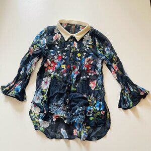 Aratta Silent Journey Blouse Top Velvet Collar Embroidered 3D Sparkle Sheer Med